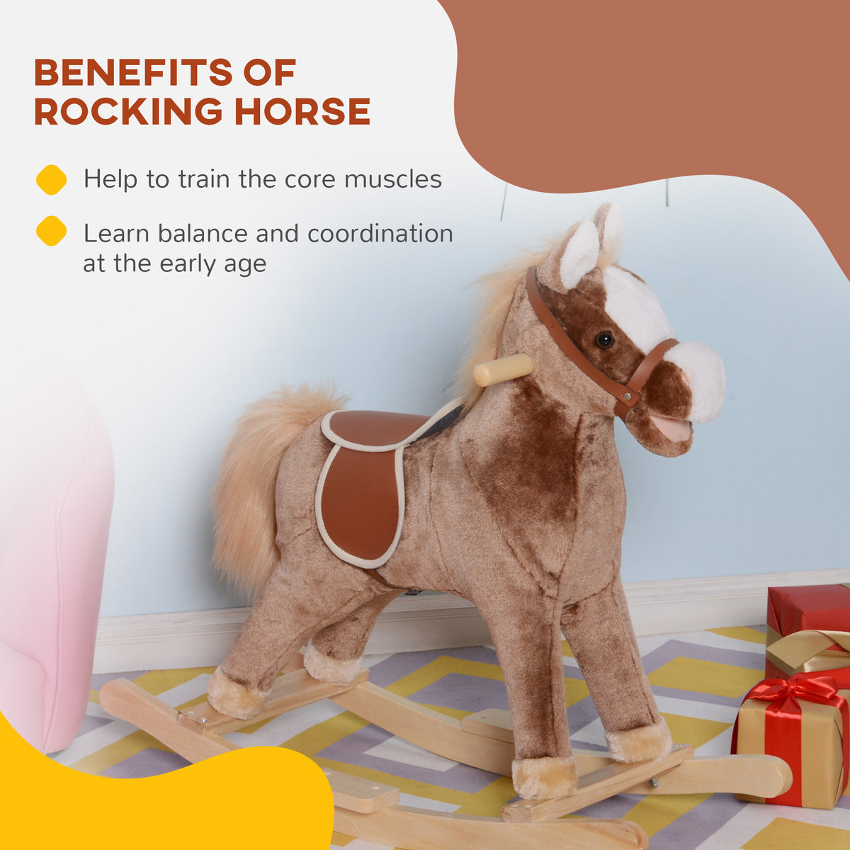 Brown plush rocking horse with saddle and wooden base, shown in a room
