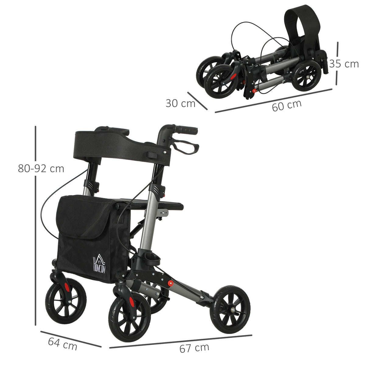 HOMCOM rollator walker with seat and folded view, showing overall dimensions and height adjustment
