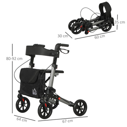 HOMCOM rollator walker with seat and folded view, showing overall dimensions and height adjustment