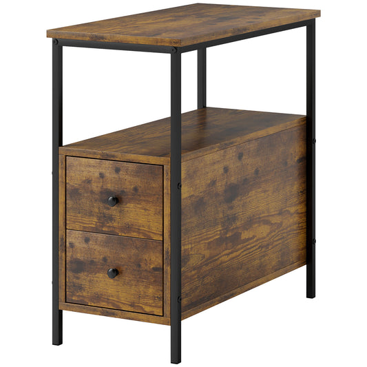 Photo of HOMCOM Side Table, Narrow Bedside Table with 2 Drawers and Storage Shelf, Industrial End Table with Metal Frame for Small Spaces, Rustic Brown in Brown colour on a white background