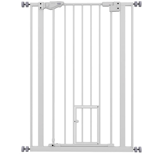 Photo of PawHut Extra Tall Pet Gate, Indoor Dog Safety Gate, with Cat Flap, Auto Close, 74-80cm Wide - White in White colour on a white background