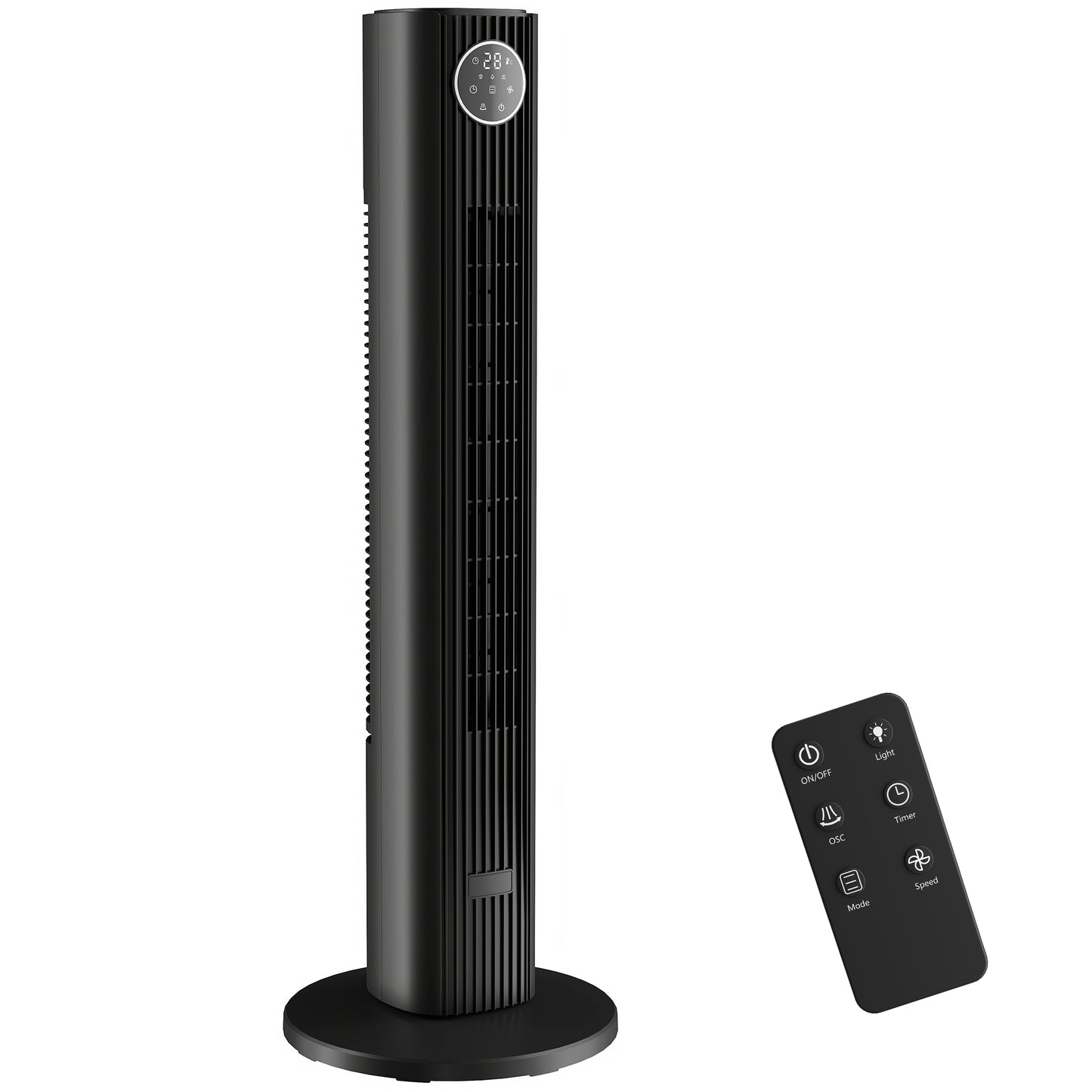 Photo of HOMCOM 28dB Tower Fan for Bedroom, 36 inch, 8 m/s Velocity Standing Cooling Fan with 80° Oscillating, BLDC Motor, 12 Speeds, LED Display, 4 Modes, 12H Timer, Remote Control, Black in Black colour on a white background