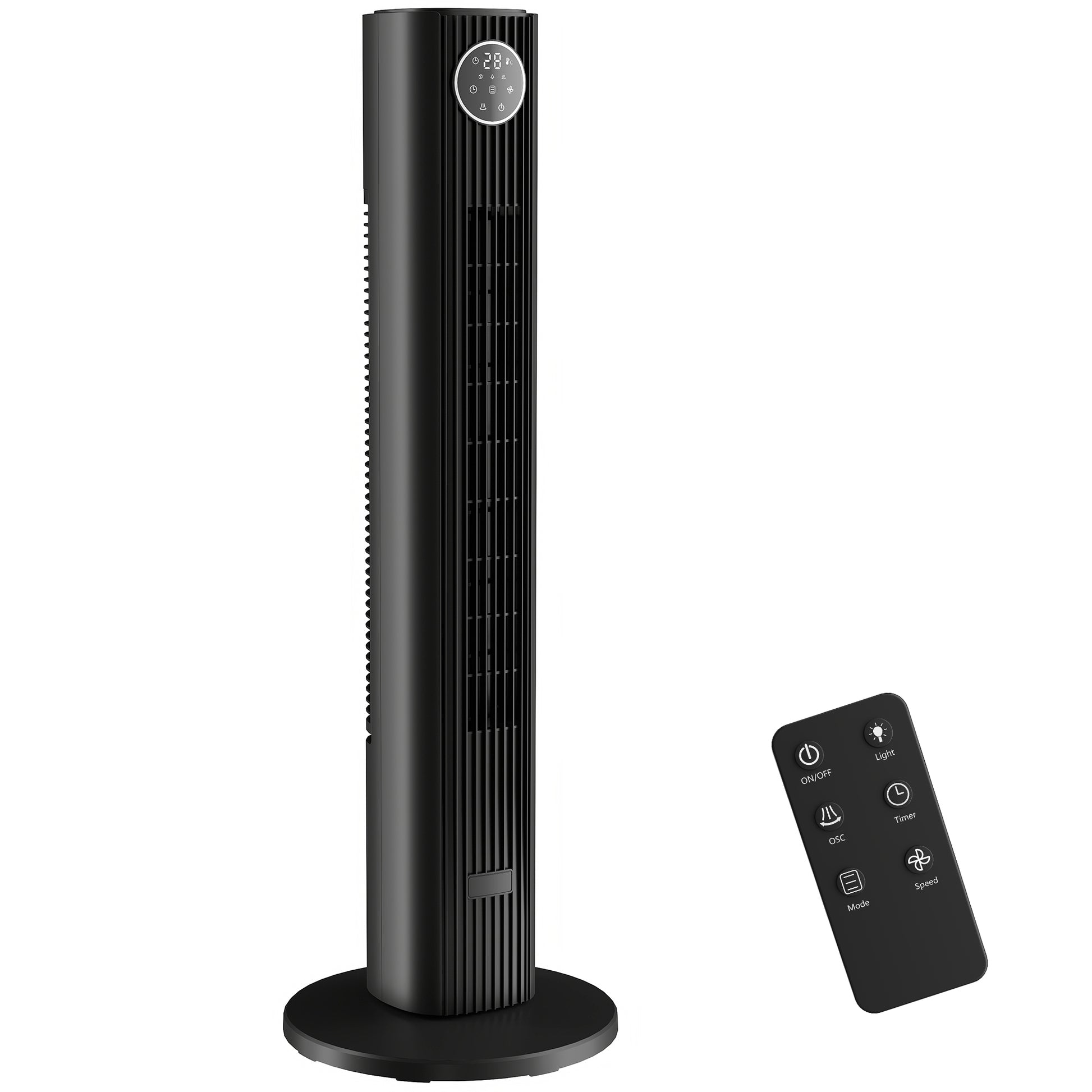 Photo of HOMCOM 28dB Tower Fan for Bedroom, 36 inch, 8 m/s Velocity Standing Cooling Fan with 80° Oscillating, BLDC Motor, 12 Speeds, LED Display, 4 Modes, 12H Timer, Remote Control, Black in Black colour on a white background