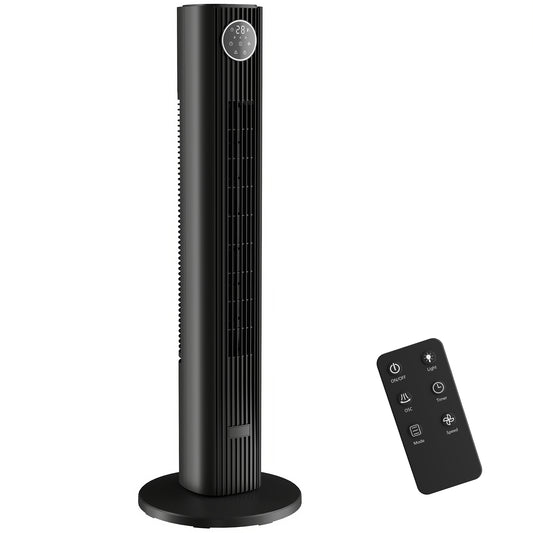 Photo of HOMCOM 28dB Tower Fan for Bedroom, 36 inch, 8 m/s Velocity Standing Cooling Fan with 80° Oscillating, BLDC Motor, 12 Speeds, LED Display, 4 Modes, 12H Timer, Remote Control, Black in Black colour on a white background