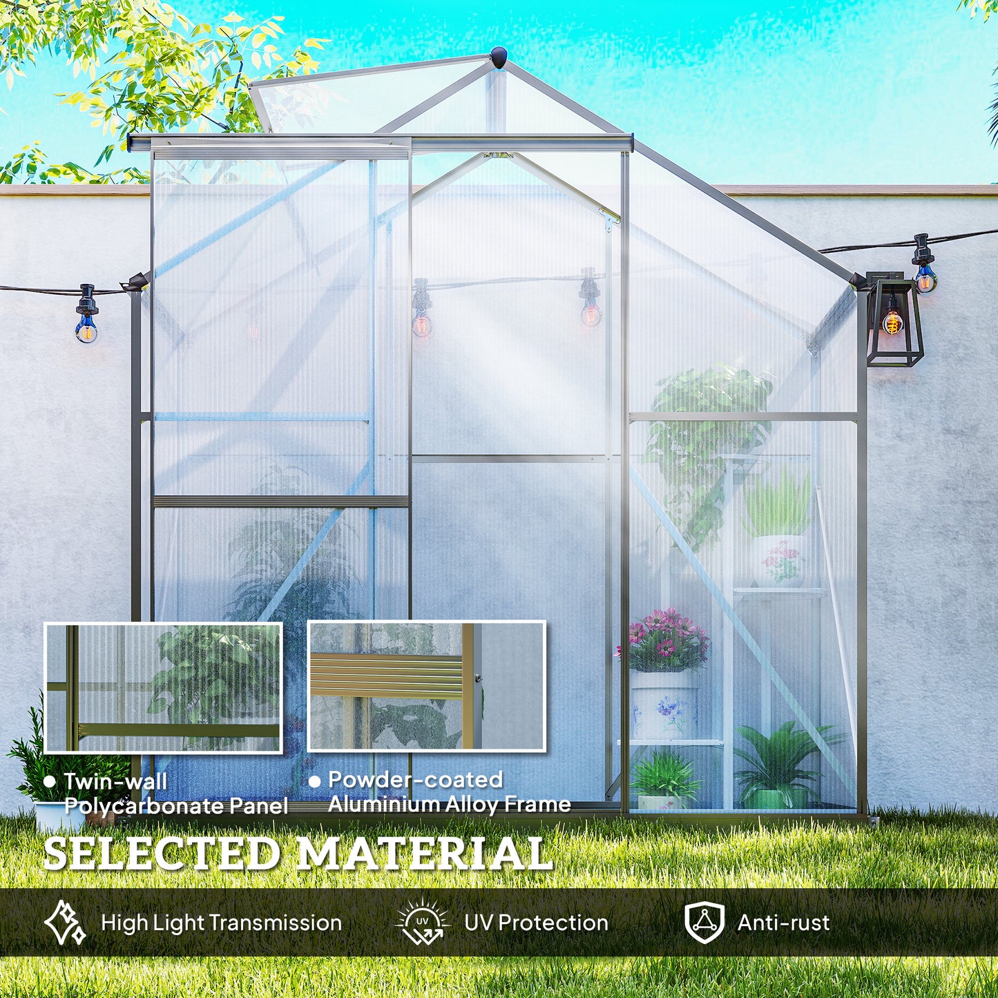 Outsunny 6 x 2.5ft Polycarbonate Greenhouse Walk-In Green House with Rain Gutter, Sliding Door, Window, Foundation, Dark Grey