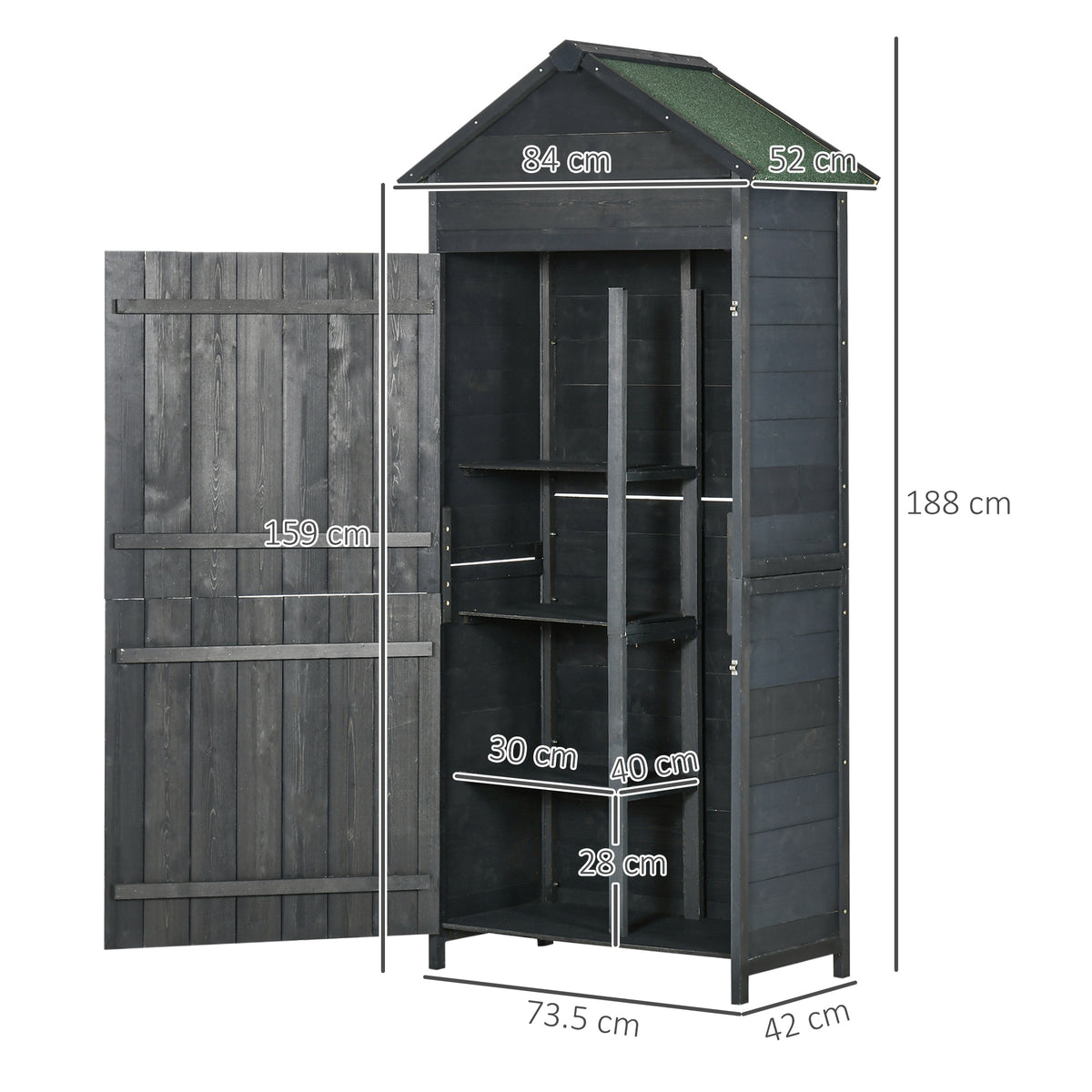 Outsunny gray garden shed with open door and shelves, shown with overall and interior dimensions