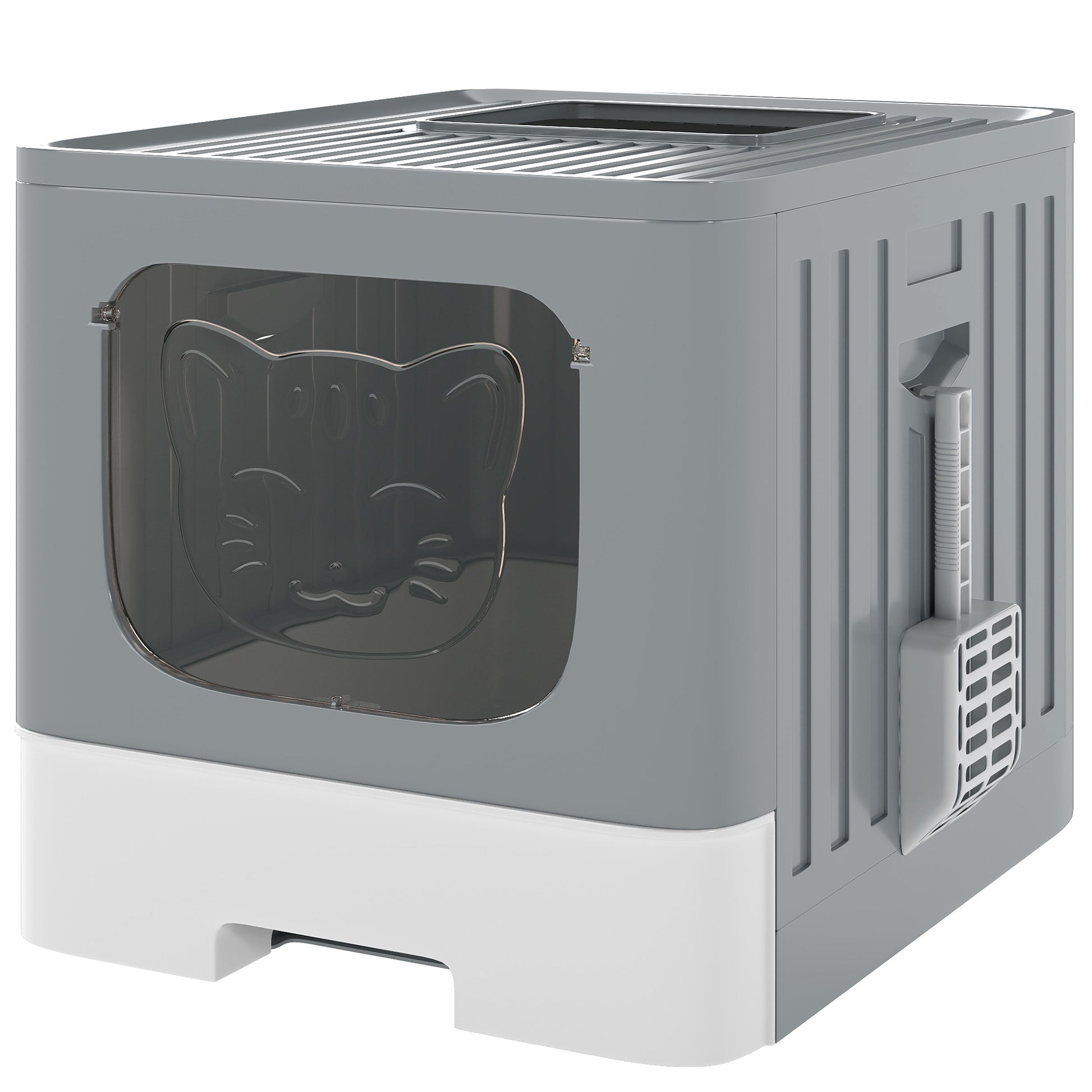 Photo of PawHut Cat Litter Box with Lid, Slide-Out Drawer, Scoop, Easy Clean, Odour Control, Anti-Splashing, Grey in Grey colour on a white background
