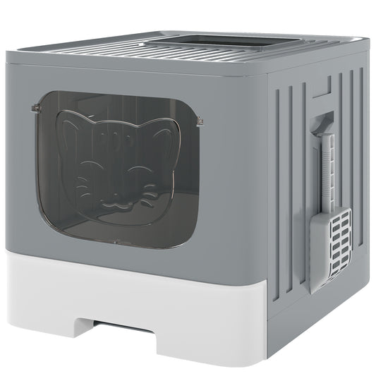 Photo of PawHut Cat Litter Box with Lid, Slide-Out Drawer, Scoop, Easy Clean, Odour Control, Anti-Splashing, Grey in Grey colour on a white background