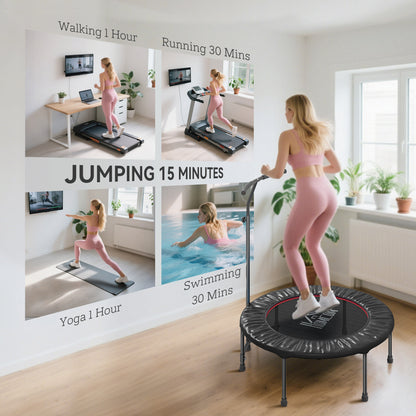 Black rebounder trampoline with adjustable handle shown during a workout