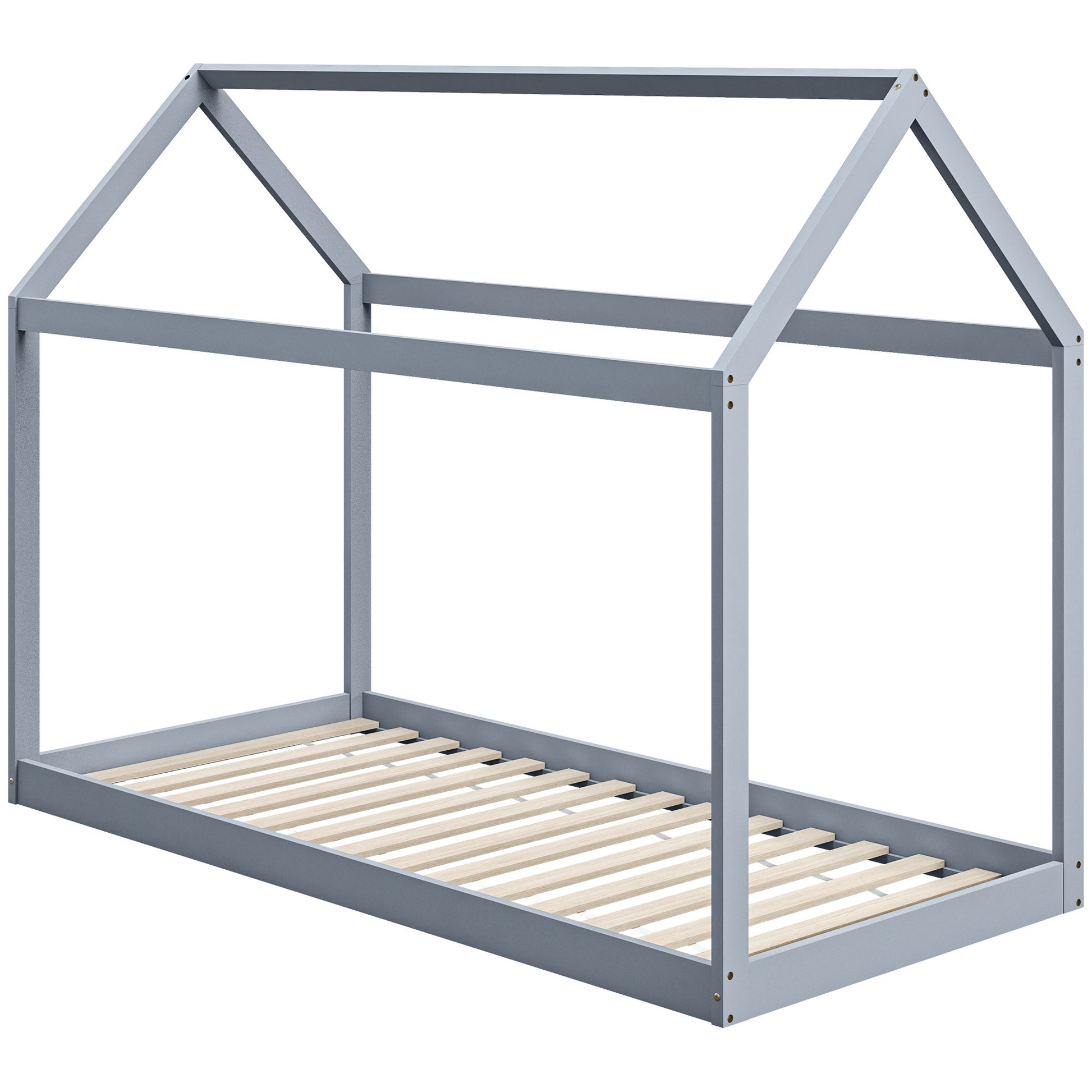 Photo of HOMCOM Single Bed Frame, House Scandinavian Style Wooden Bed Frame for 90W x 190Dcm Mattress, Pine Wood Bed Base, Grey in Grey colour on a white background