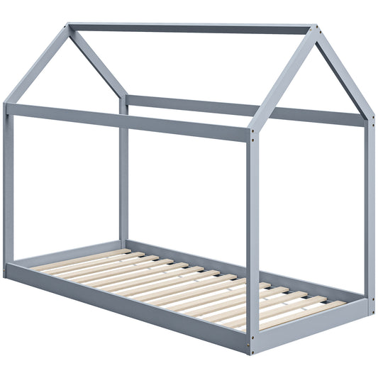 Photo of HOMCOM Single Bed Frame, House Scandinavian Style Wooden Bed Frame for 90W x 190Dcm Mattress, Pine Wood Bed Base, Grey in Grey colour on a white background