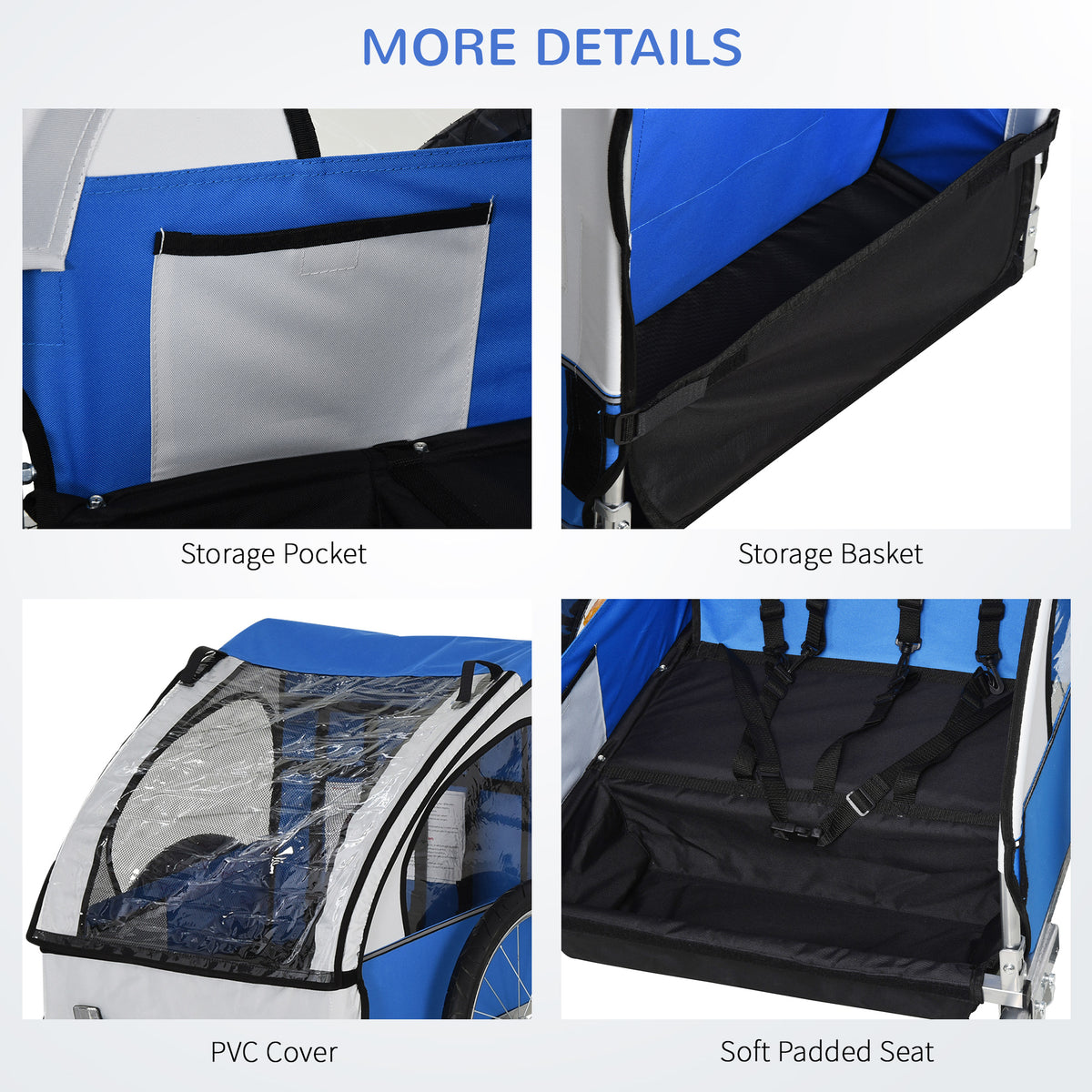 HOMCOM child bike trailer detail collage showing storage pocket, basket, clear cover and padded seat