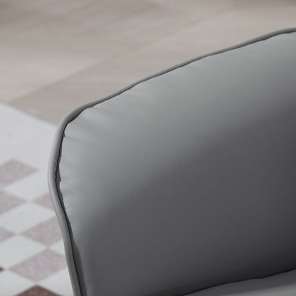 Close-up of the recliner's light gray PU leather upholstery and stitched edge