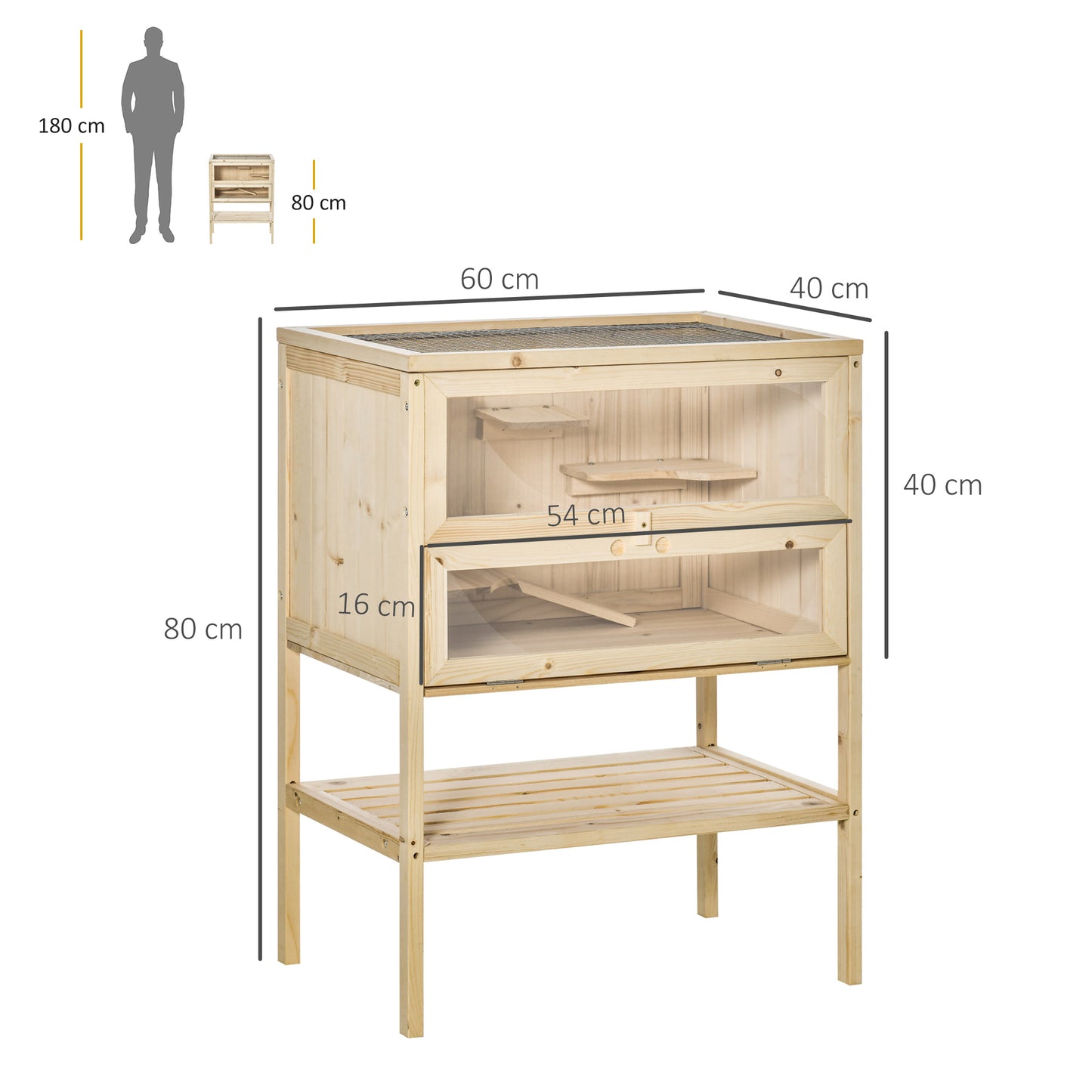 PawHut Wooden Hamster Cage with Storage Shelf, Small Animal Exercise Play House with Openable Top, Ramp for Gerbils, Drawf Hamsters, 60 x 40 x 80 cm - Natural