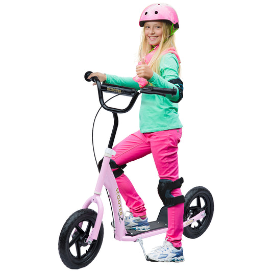 Pink kids kick scooter with large black wheels and wide handlebars, shown with a child rider.