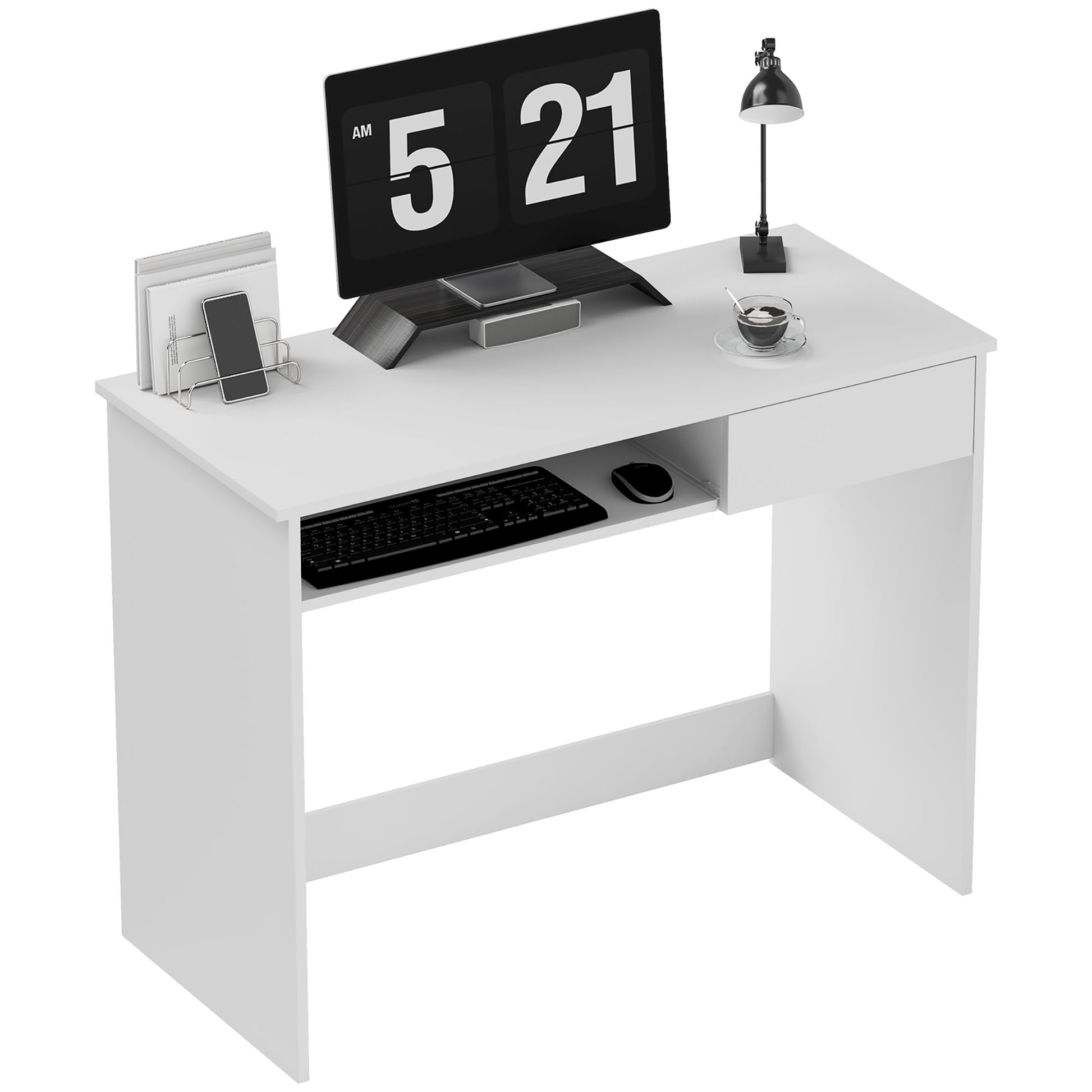 Photo of HOMCOM 100cm Compact Computer Desk with Keyboard Tray, Home Office Desk with Drawer for Bedroom Study, White in White colour on a white background
