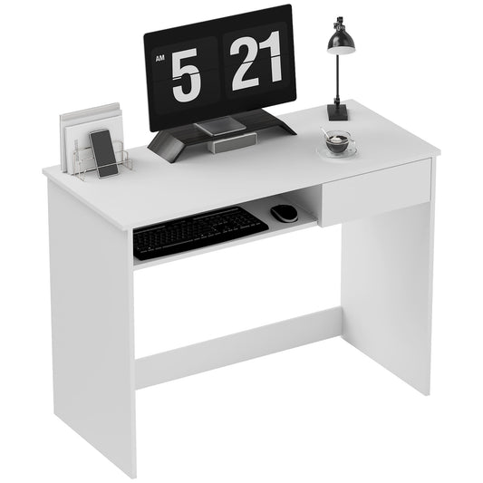 Photo of HOMCOM 100cm Compact Computer Desk with Keyboard Tray, Home Office Desk with Drawer for Bedroom Study, White in White colour on a white background