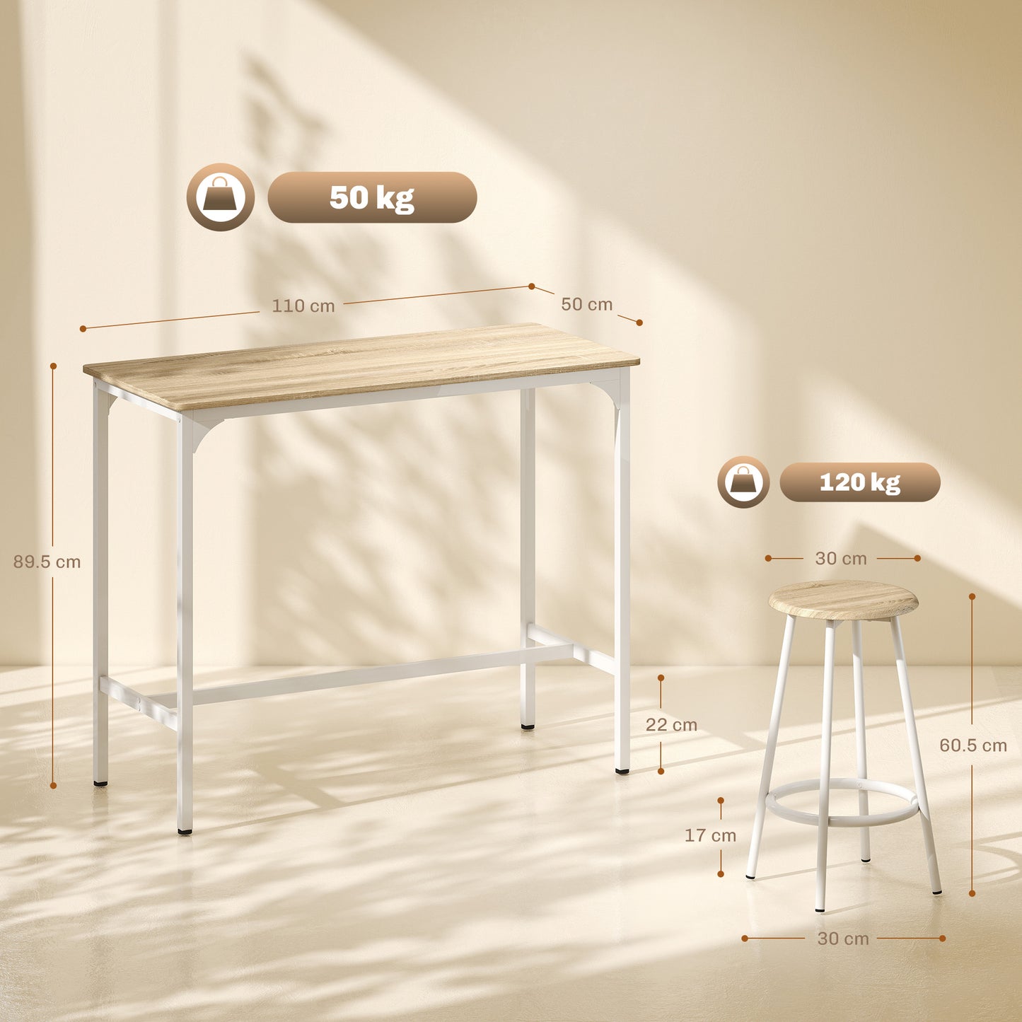 HOMCOM 5 Piece Bar Table Set for 4 with Stools, Metal Frame, Footrest for Kitchen Natural Wood