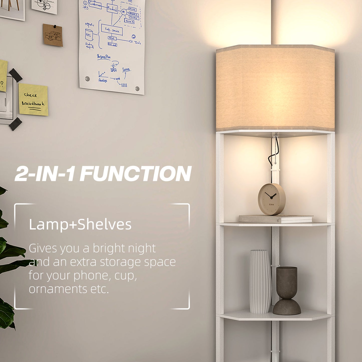 HOMCOM Corner Floor Lamp with Shelves, Tall Standing Lamps for Living Room, with Pull Chain Switch Bulb not Included, White