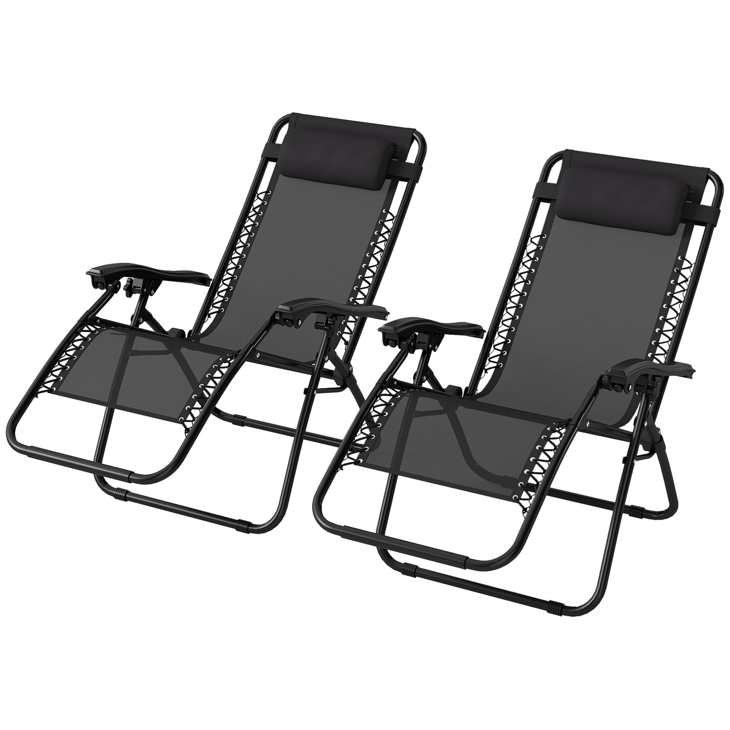 Photo of Outsunny Zero Gravity Chair Set of 2, Metal Frame Texteline Armchair Outdoor Folding and Reclining Sun Lounger with Head Pillow for Patio Decking Gardens Camping, Black in Black colour on a white background