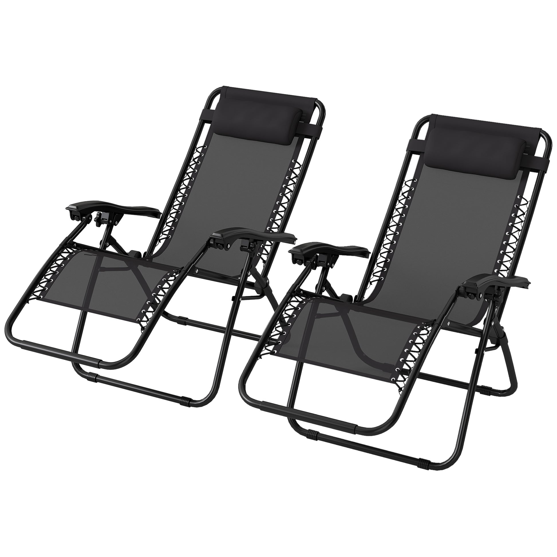 Photo of Outsunny Zero Gravity Chair Set of 2, Metal Frame Texteline Armchair Outdoor Folding and Reclining Sun Lounger with Head Pillow for Patio Decking Gardens Camping, Black in Black colour on a white background
