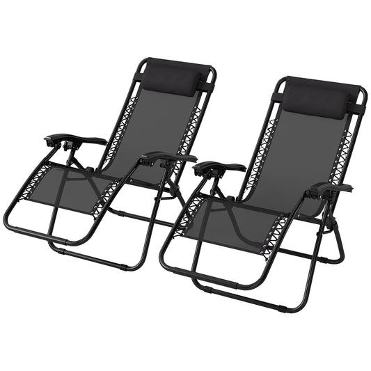 Photo of Outsunny Zero Gravity Chair Set of 2, Metal Frame Texteline Armchair Outdoor Folding and Reclining Sun Lounger with Head Pillow for Patio Decking Gardens Camping, Black in Black colour on a white background