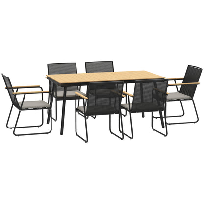 Outsunny six-seat garden dining set with light wood-look table and black slatted chairs