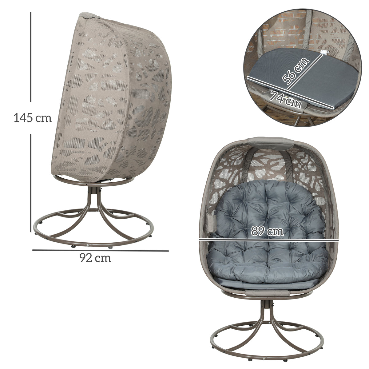 Outsunny swivel egg chair shown from front and side with seat and overall dimensions