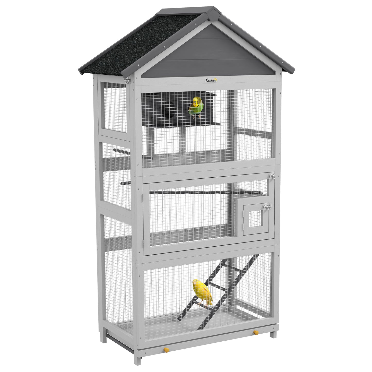 Photo of PawHut Wooden Bird Cage, with Stand, for Finches, Parakeets, Small birds - Grey in Grey colour on a white background