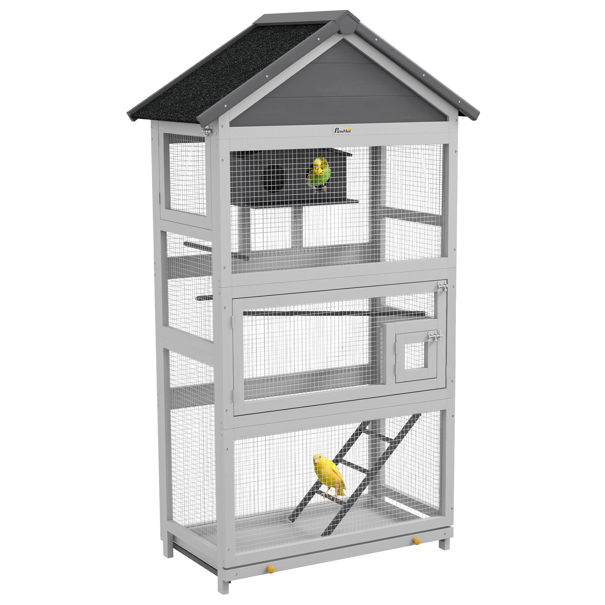 Photo of PawHut Wooden Bird Cage, with Stand, for Finches, Parakeets, Small birds - Grey in Grey colour on a white background
