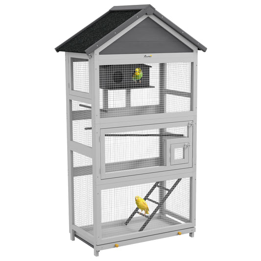 Photo of PawHut Wooden Bird Cage, with Stand, for Finches, Parakeets, Small birds - Grey in Grey colour on a white background