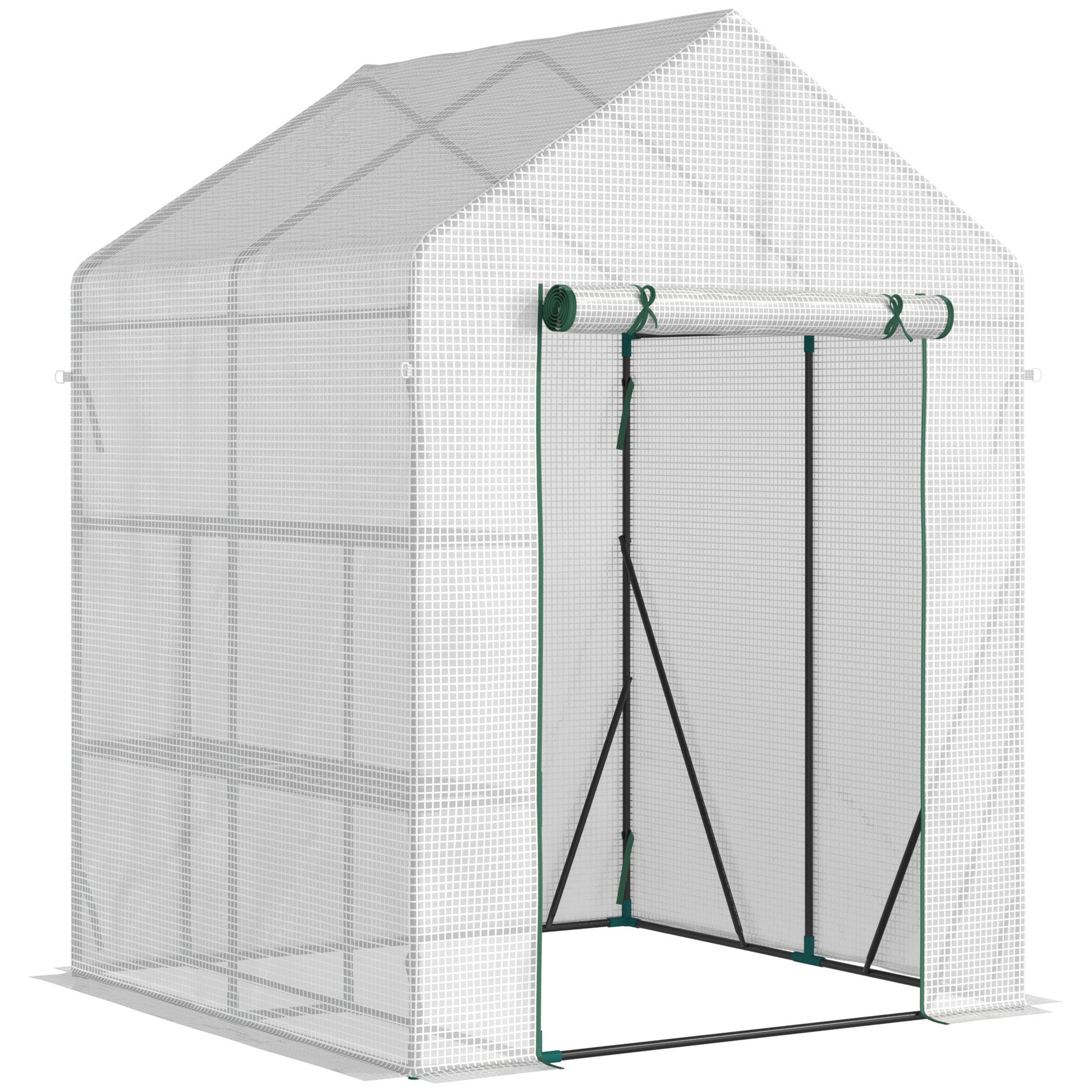 Photo of Outsunny Walk In Greenhouse with 2 Tier Shelf, Portable Gardening Plant Grow House Tomato Greenhouse with Roll up Zip Panel Door, Reinforced PE Cover, 143 x 143 x 195cm, Green in Green colour on a white background