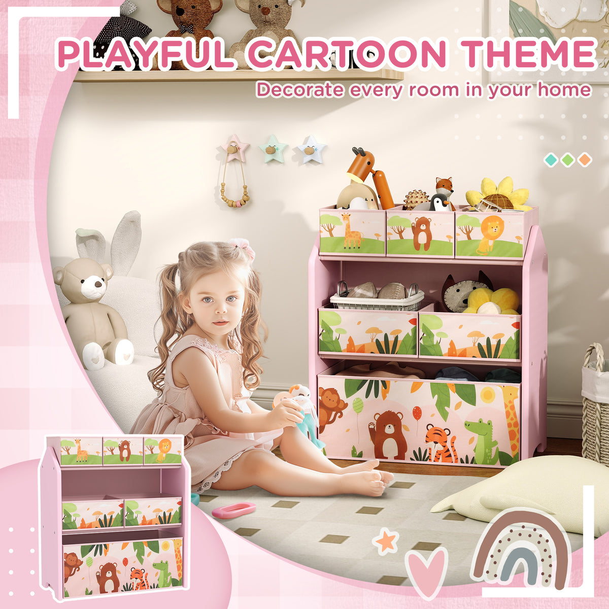 AIYAPLAY pink toy storage unit with colorful cartoon animal-print bins