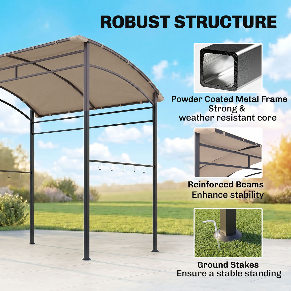 Outsunny BBQ gazebo with khaki canopy, reinforced metal frame and ground stakes