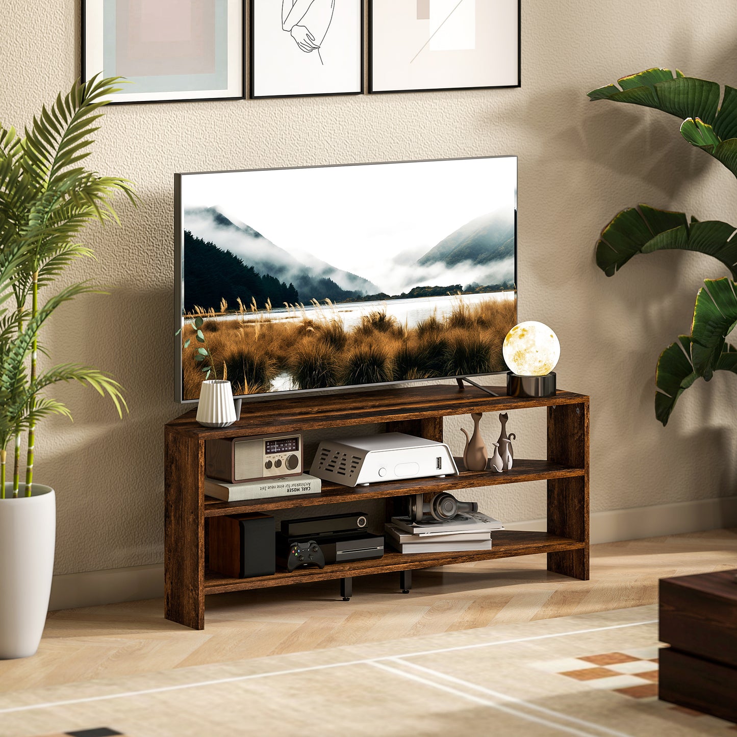 HOMCOM Corner TV Stand with 2 Open Shelves for 47 Inch TV - Rustic Brown