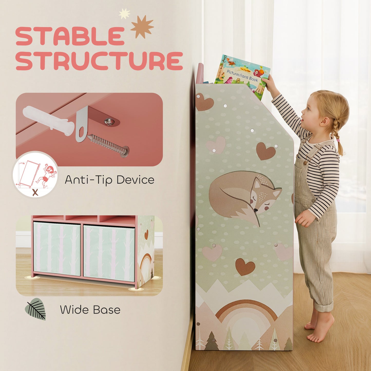 AIYAPLAY Kids Bookshelf with Storage, Toy Storage Unit with Book Display, Shelves and Fabric Drawers for Playroom Nursery, Pink