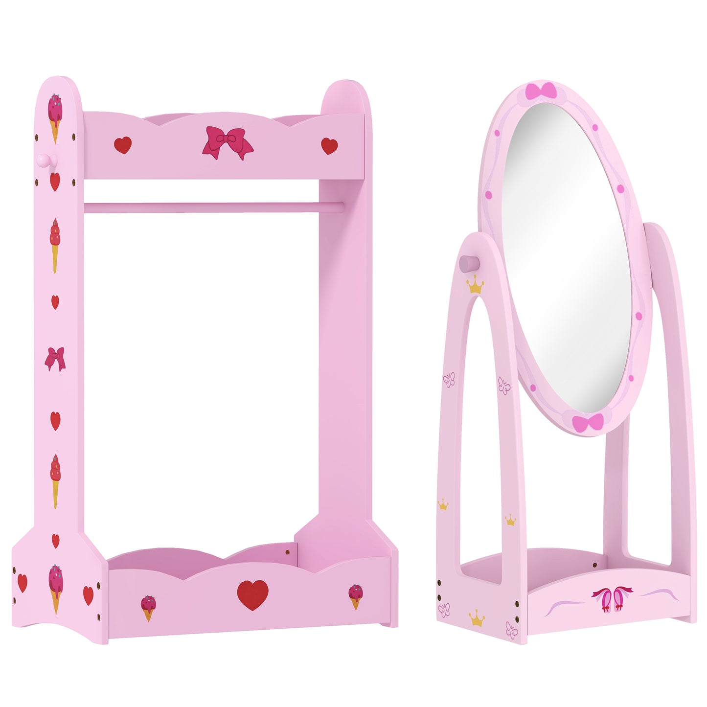 Photo of AIYAPLAY Kids Clothes Rail, Kids Dressing Mirror with 360° Rotating, 2 Piece Kids Furniture Set with Storage Shelves, Pink in Pink colour on a white background