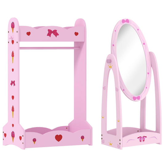 Photo of AIYAPLAY Kids Clothes Rail, Kids Dressing Mirror with 360° Rotating, 2 Piece Kids Furniture Set with Storage Shelves, Pink in Pink colour on a white background