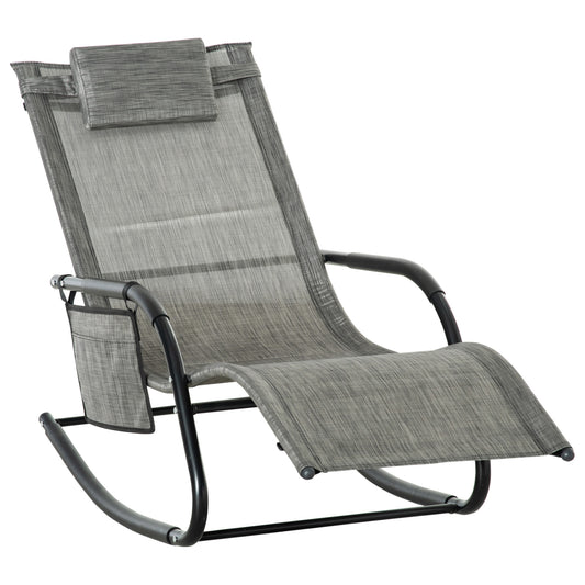 Photo of Outsunny Outdoor Garden Rocking Chair, Patio Sun Lounger Rocker Chair with Breathable Mesh Fabric, Removable Headrest Pillow, Armrest, Side Storage Bag, Dark Grey in Grey colour on a white background