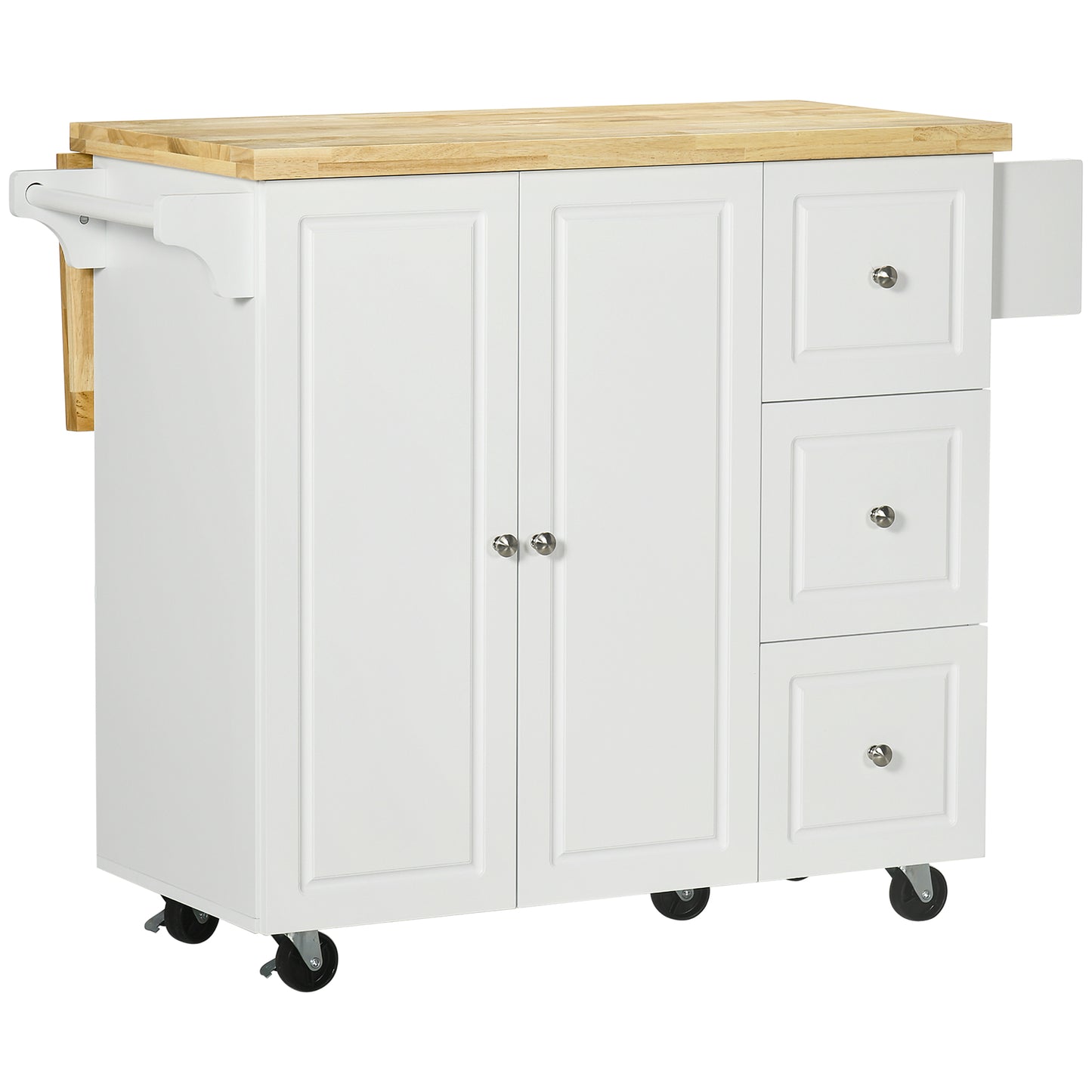 Photo of HOMCOM Kitchen Island on Wheels, Rolling Kitchen Storage Trolley with Drop Leaf, Drawers, Towel and Spice Rack, White in White colour on a white background