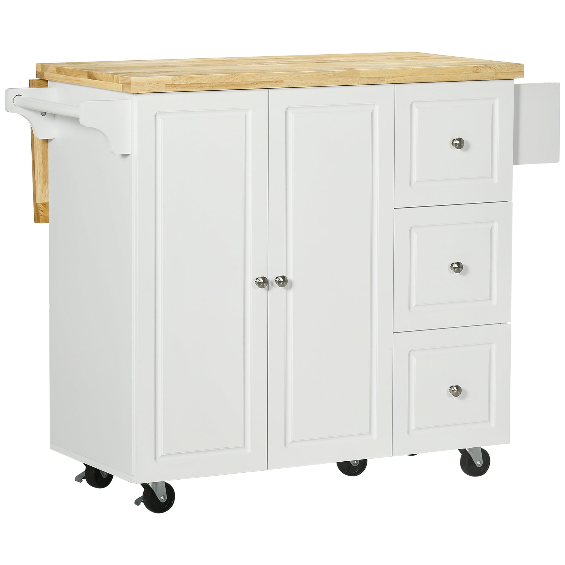 Photo of HOMCOM Kitchen Island on Wheels, Rolling Kitchen Storage Trolley with Drop Leaf, Drawers, Towel and Spice Rack, White in White colour on a white background