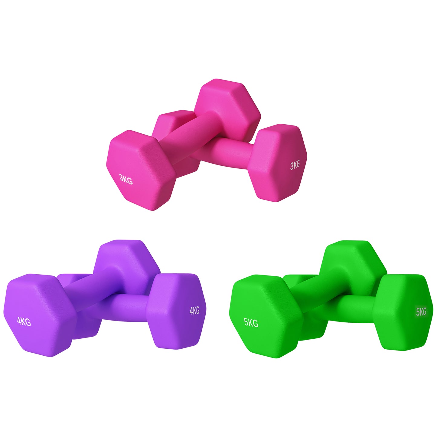 Photo of SPORTNOW Set of 6 Hex Dumbbells, Neoprene Weights Pair with Non-Slip Grip, Home Gym Fitness Training Equipment, 2 x 3kg, 2 x 4kg, 2 x 5kg, Pink, Purple, Green in Green colour on a white background