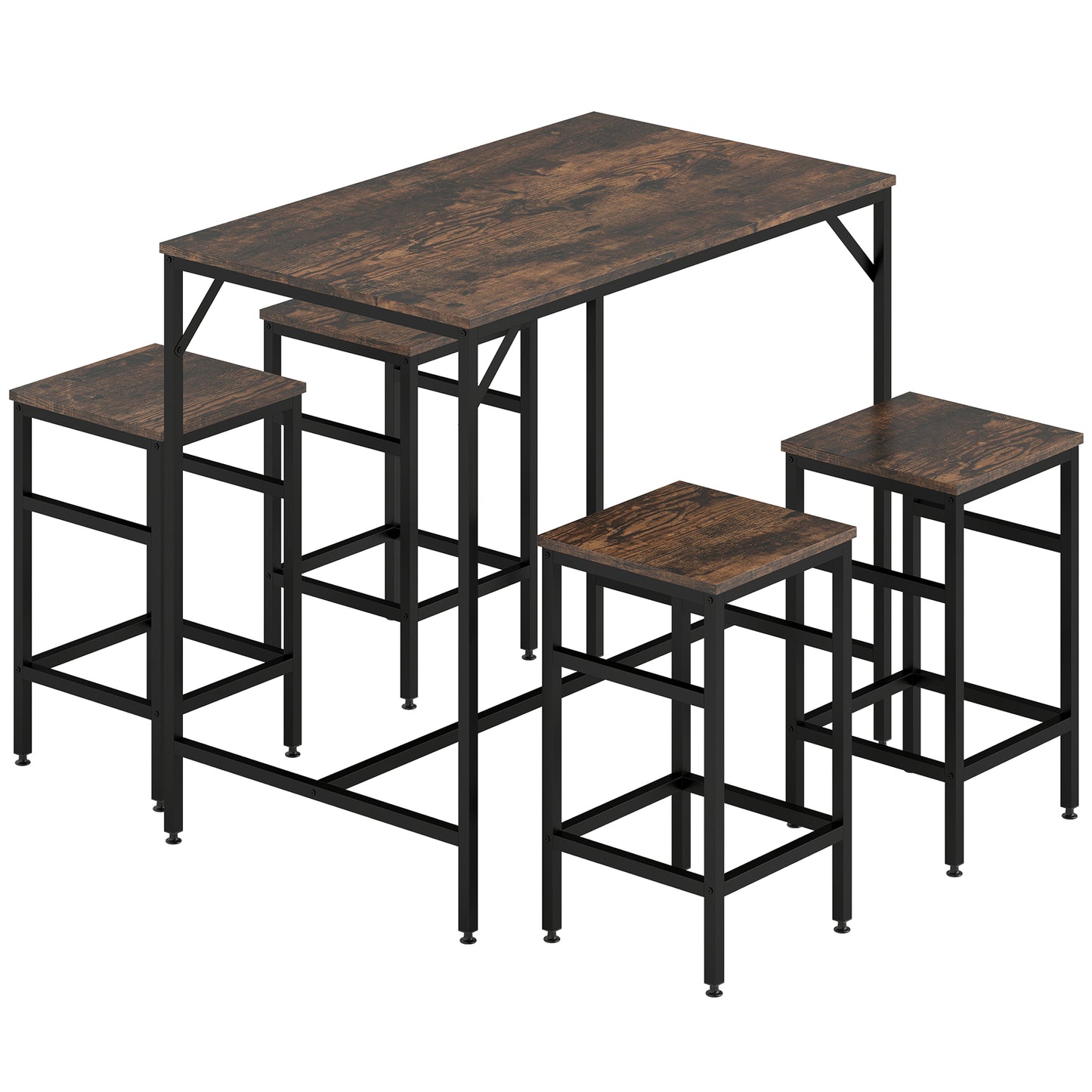 Photo of HOMCOM 5-Piece Breakfast Bar Table and Stools Set, Kitchen Bar Table Set with High Table and 4 Stools, Space Saving Compact Dining Furniture for Small Spaces, Rustic Brown in Brown colour on a white background