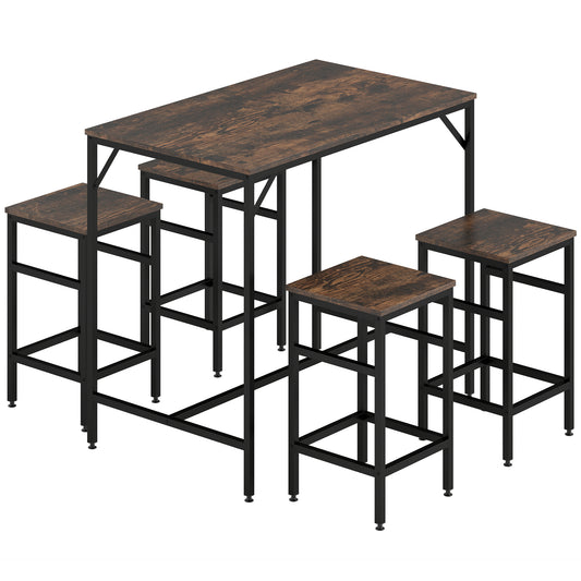 Photo of HOMCOM 5-Piece Breakfast Bar Table and Stools Set, Kitchen Bar Table Set with High Table and 4 Stools, Space Saving Compact Dining Furniture for Small Spaces, Rustic Brown in Brown colour on a white background