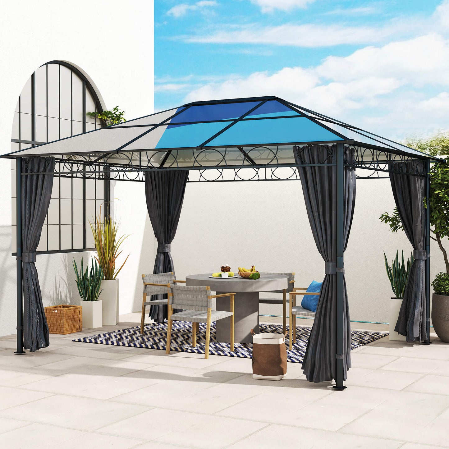 Outsunny Hardtop Gazebo Garden Pavilion w/ UV Resistant Polycarbonate Roof, Curtains, Steel & Aluminium Frame, 3 x 4(m), Grey