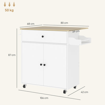 White kitchen island on wheels with drop leaf and storage; dimensions shown