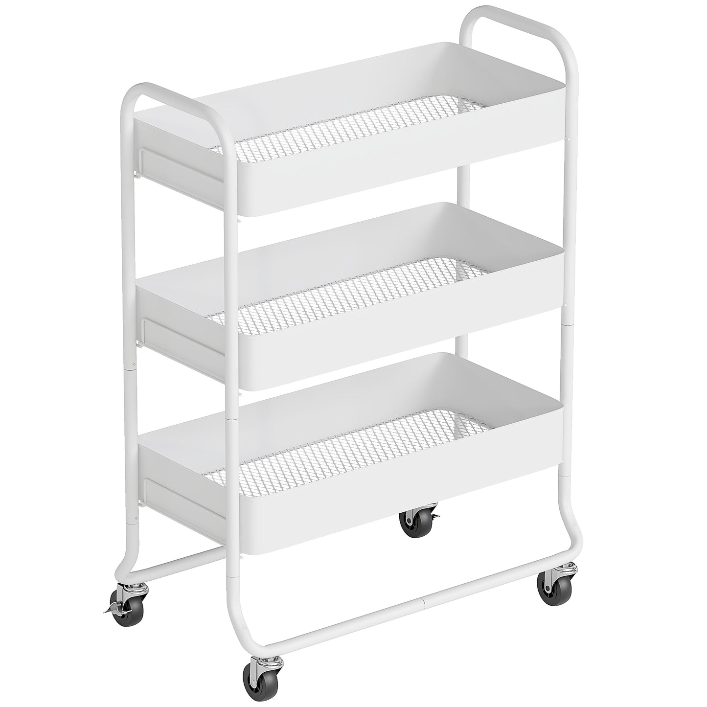 Photo of HOMCOM 3-Tier Storage Trolley on Wheels, Rolling Utility Cart with Mesh Backets for Kitchen, Bathroom, Bedroom, White in White colour on a white background