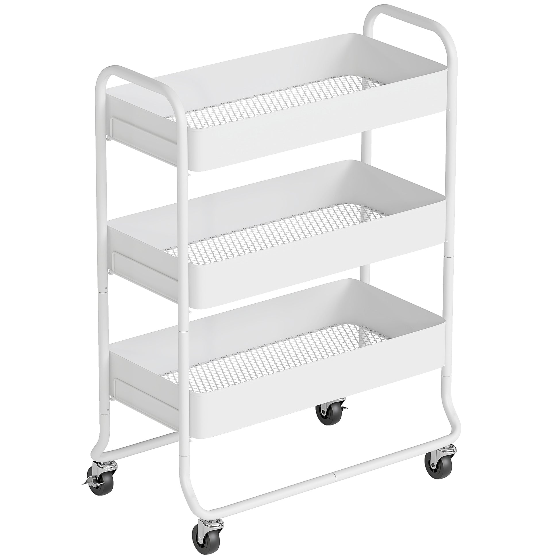 Photo of HOMCOM 3-Tier Storage Trolley on Wheels, Rolling Utility Cart with Mesh Backets for Kitchen, Bathroom, Bedroom, White in White colour on a white background