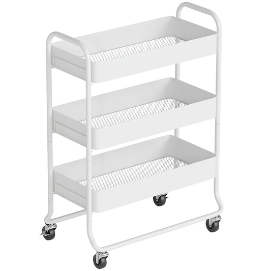 Photo of HOMCOM 3-Tier Storage Trolley on Wheels, Rolling Utility Cart with Mesh Backets for Kitchen, Bathroom, Bedroom, White in White colour on a white background