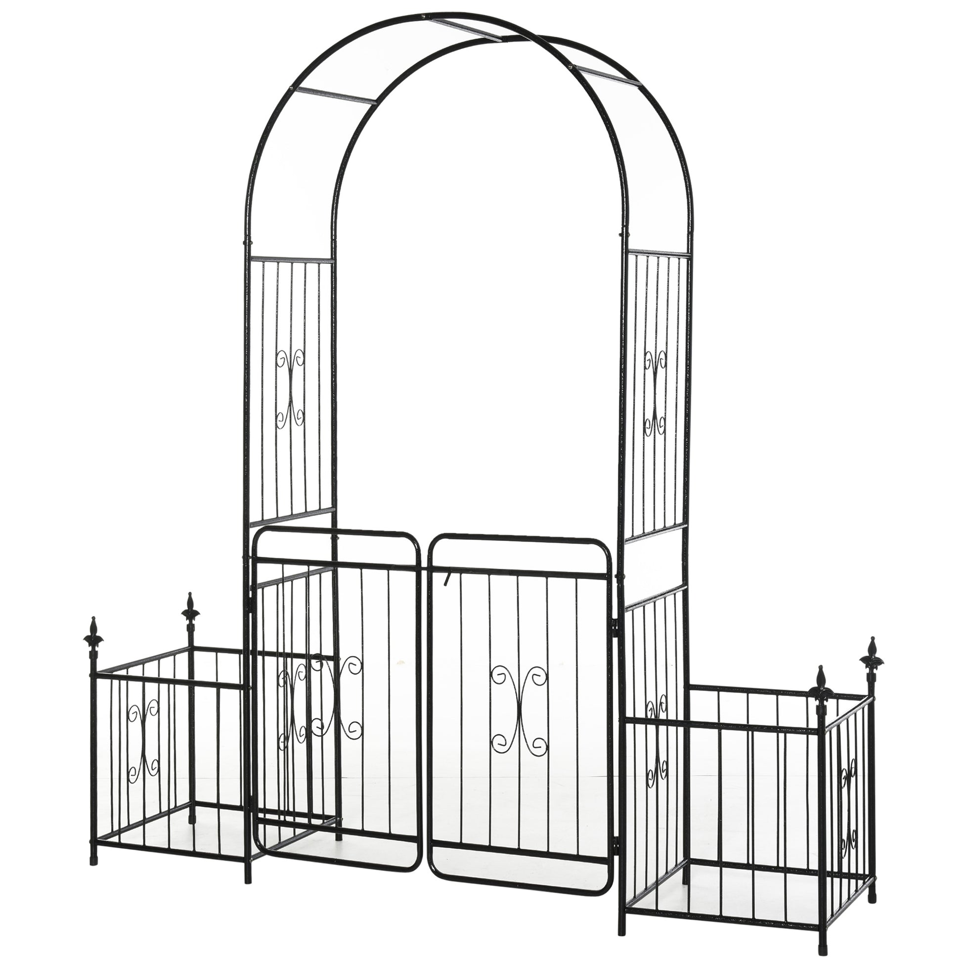 Photo of Outsunny Metal Garden Arbor Arch with Double Doors, 2 Side Planter Baskets, Climbing Vine Frame, Black in Black colour on a white background